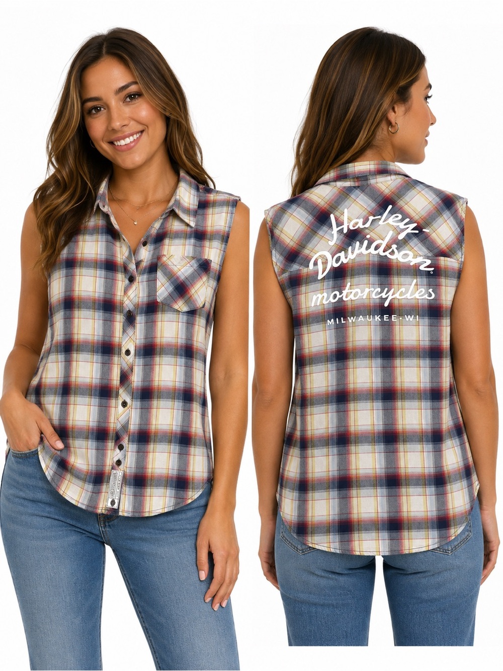 Harley-Davidson Plaid Sleeveless Button-Front Top in Navy, Red, Cream